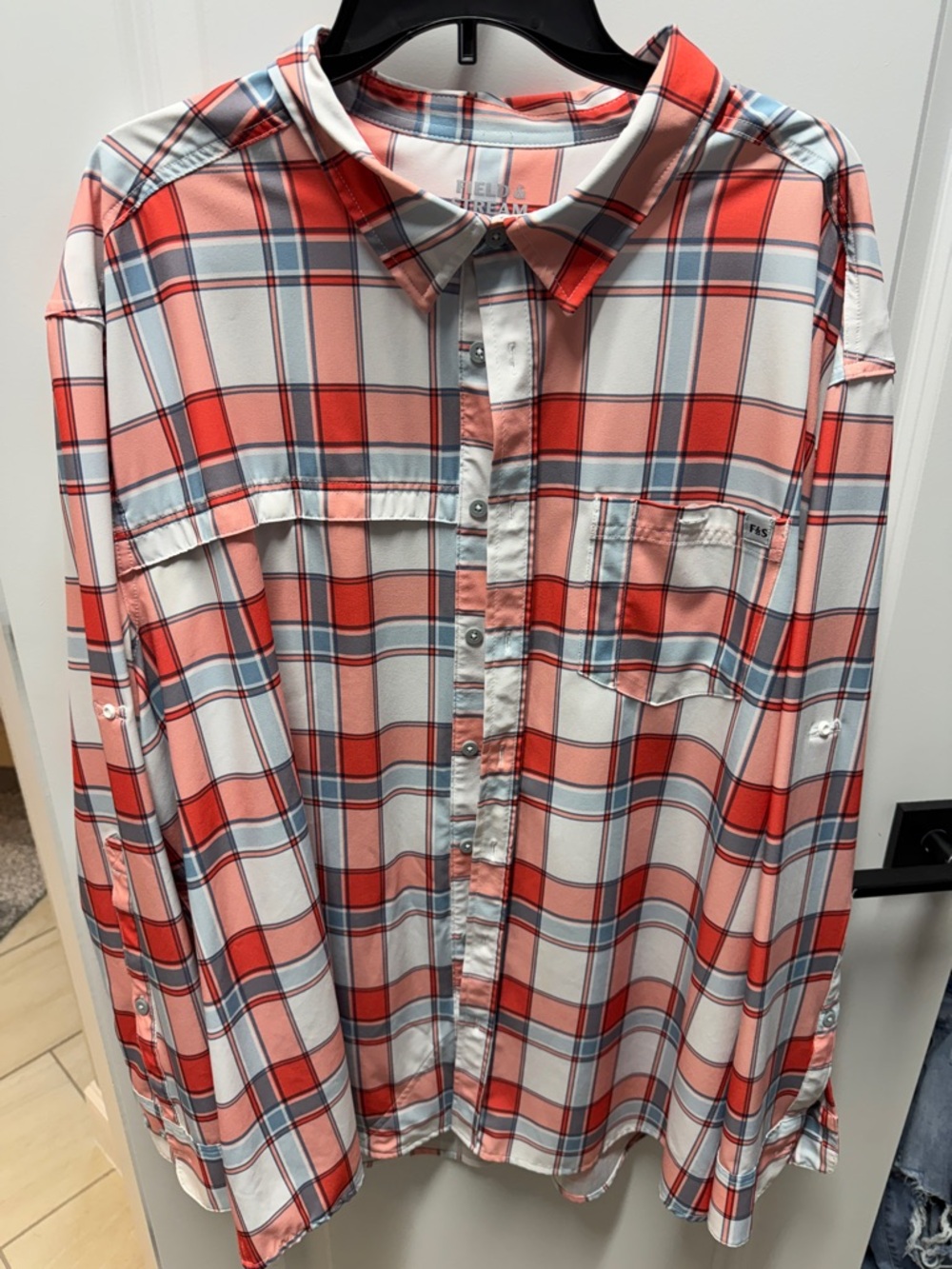 Field & Stream Coral and White Plaid Button-Down Shirt SPF Shirt